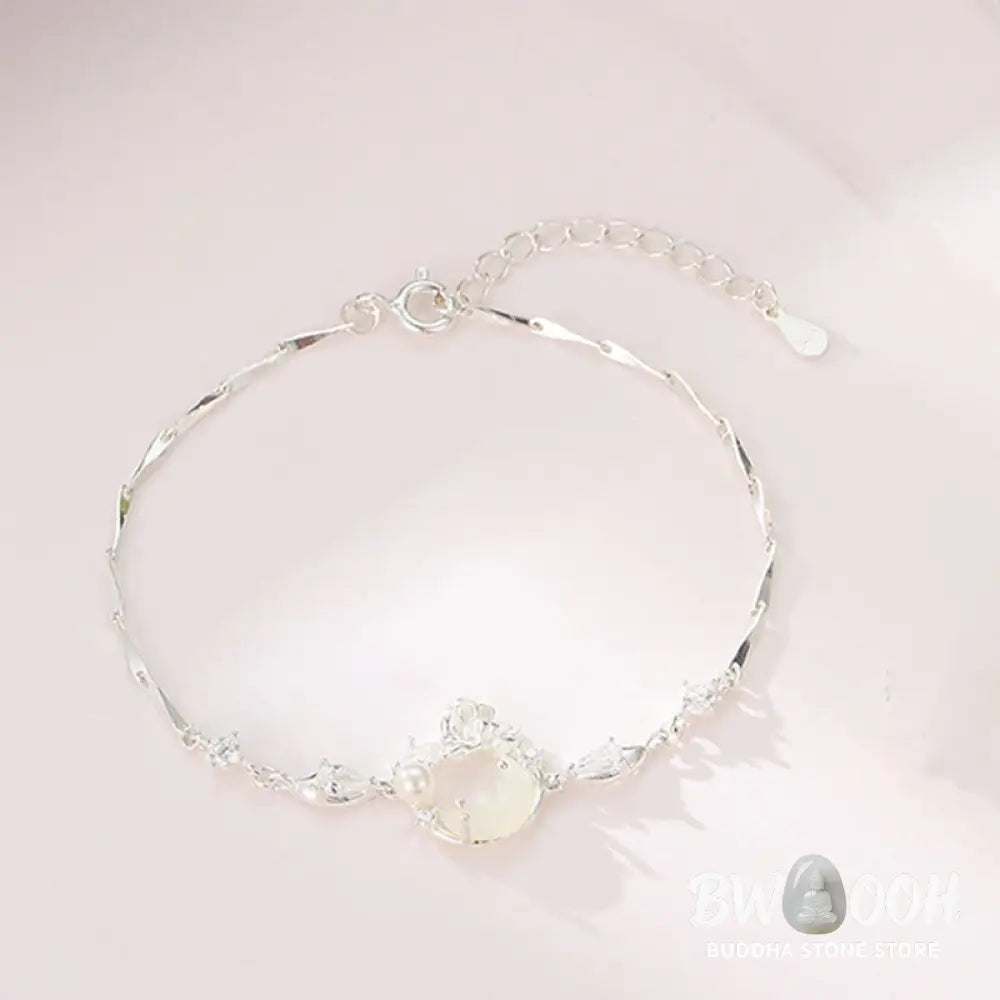 Buddha Stones Hetian Jade 925 Sterling Silver Cubic Zirconia Pearl Lotus Bracelet - BWOOOH - Hetian Jade 925 Sterling