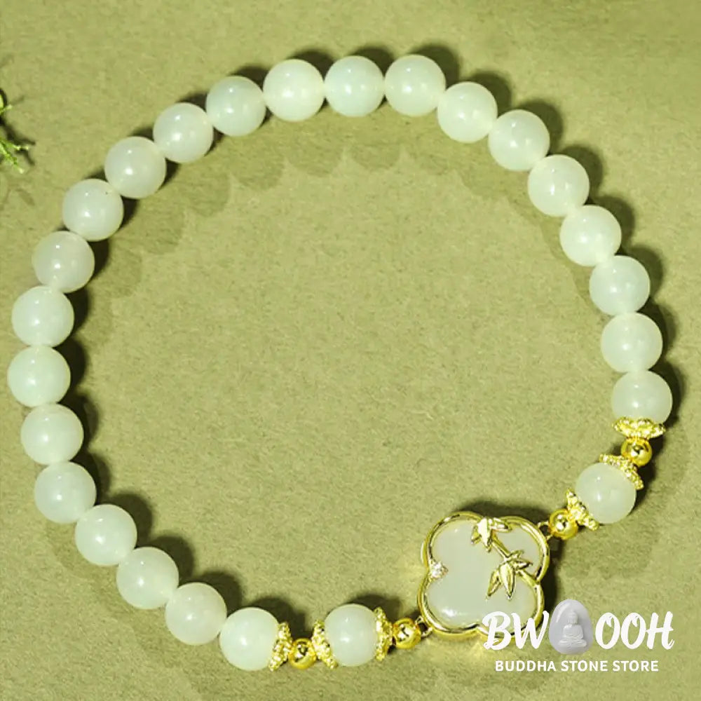 Buddha Stones Hetian Jade 925 Sterling Silver Four Leaf Clover Bamboo Luck Bracelet - BWOOOH - Hetian Jade 925 Sterling