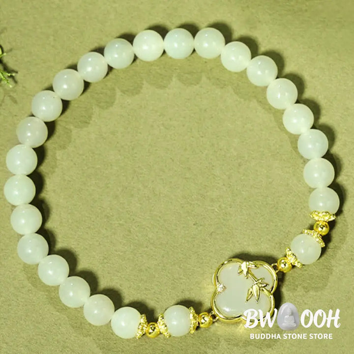 Buddha Stones Hetian Jade 925 Sterling Silver Four Leaf Clover Bamboo Luck Bracelet - BWOOOH - Hetian Jade 925 Sterling
