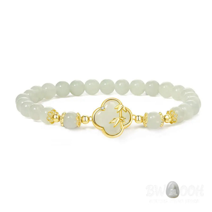 Buddha Stones Hetian Jade 925 Sterling Silver Four Leaf Clover Bamboo Luck Bracelet - BWOOOH - Hetian Jade 925 Sterling