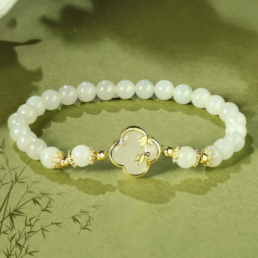 BWOOOH Hetian Jade 925 Sterling Silver Four Leaf Clover Bamboo Luck Bracelet - BWOOOH - Hetian Jade 925 Sterling