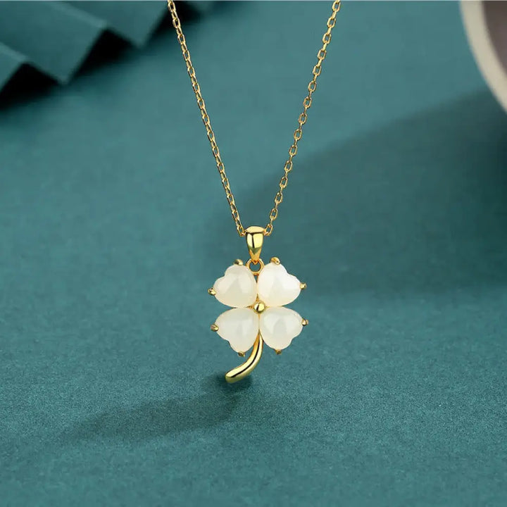 Buddha Stones Hetian Jade 925 Sterling Silver Four Leaf Clover Necklace Pendant - BWOOOH - Golden 925 Sterling Silver