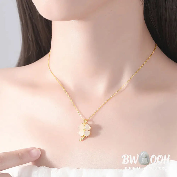 Buddha Stones Hetian Jade 925 Sterling Silver Four Leaf Clover Necklace Pendant - BWOOOH - Necklaces &amp; Pendants