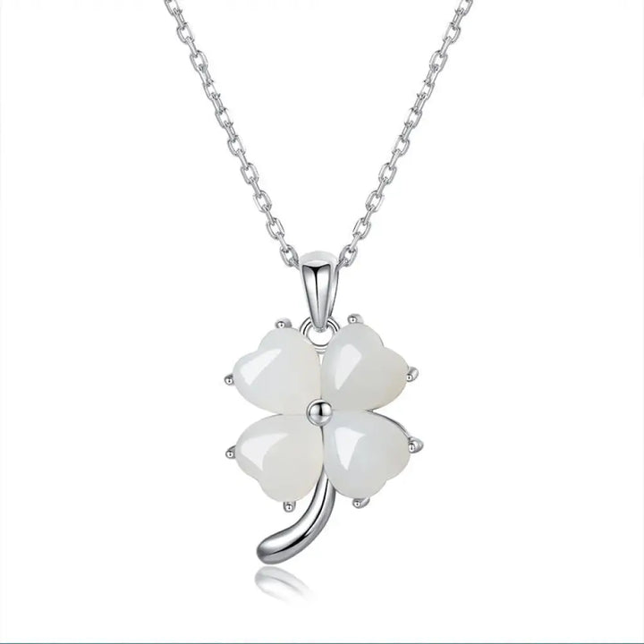 Buddha Stones Hetian Jade 925 Sterling Silver Four Leaf Clover Necklace Pendant - BWOOOH - 925 Sterling Silver Hetian