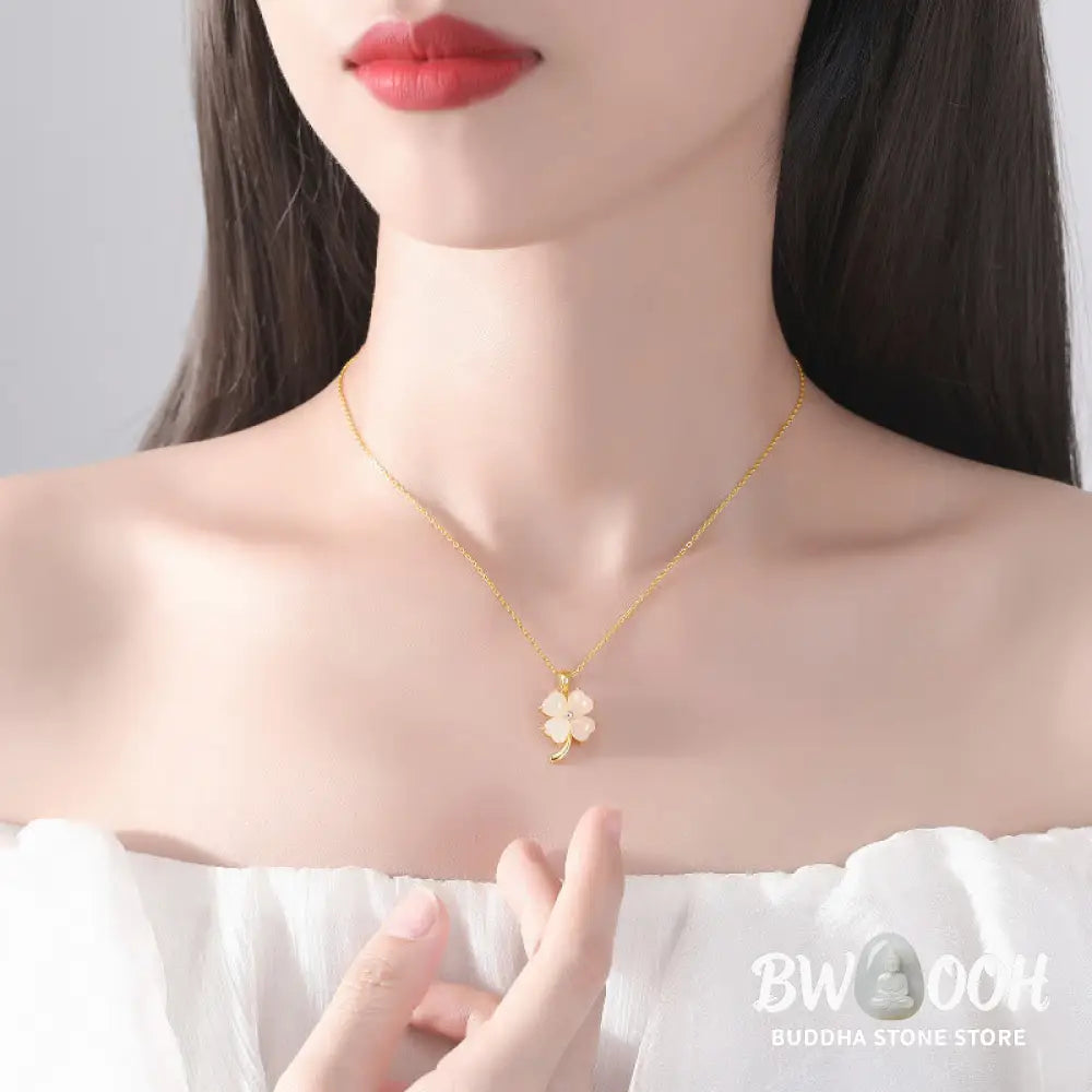 Buddha Stones Hetian Jade 925 Sterling Silver Four Leaf Clover Necklace Pendant - BWOOOH - Necklaces &amp; Pendants