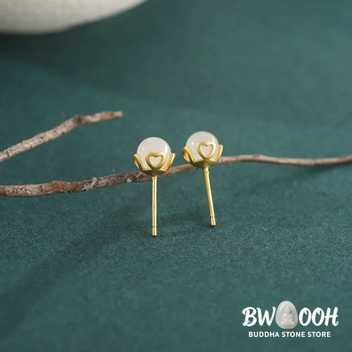 Buddha Stones Hetian Jade 925 Sterling Silver Heart-Shaped Lace Harmony Earrings - Hetian Jade(Gold Plated 925 Sterling