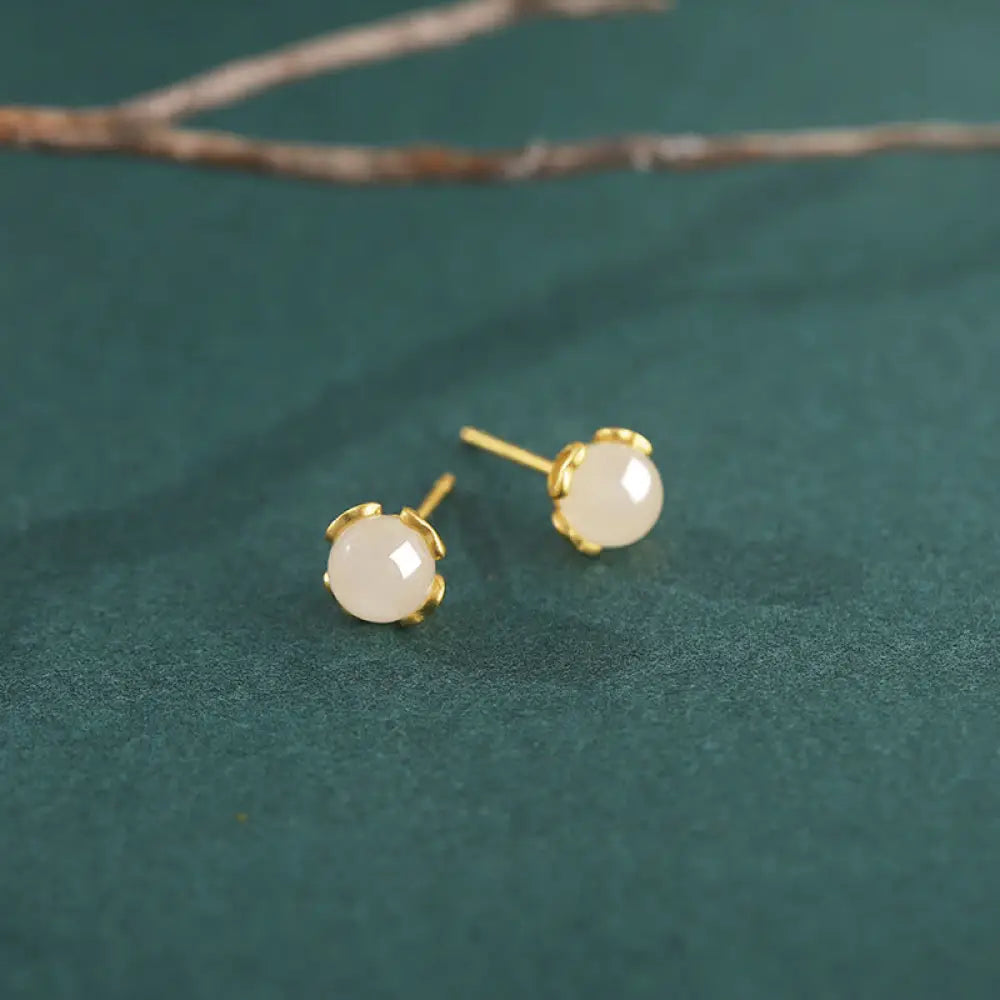 Buddha Stones Hetian Jade 925 Sterling Silver Heart-Shaped Lace Harmony Earrings - Hetian Jade(Gold Plated 925 Sterling