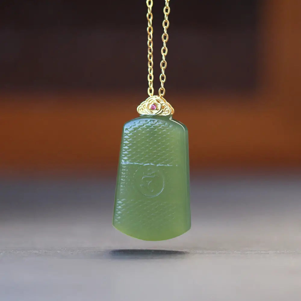 Buddha Stones Hetian Jade 925 Sterling Silver Om Symbol Prosperity Necklace Pendant - BWOOOH - Dark Hetian Jade 925