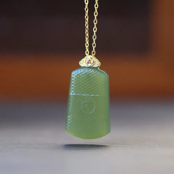 Buddha Stones Hetian Jade 925 Sterling Silver Om Symbol Prosperity Necklace Pendant - BWOOOH - Dark Hetian Jade 925