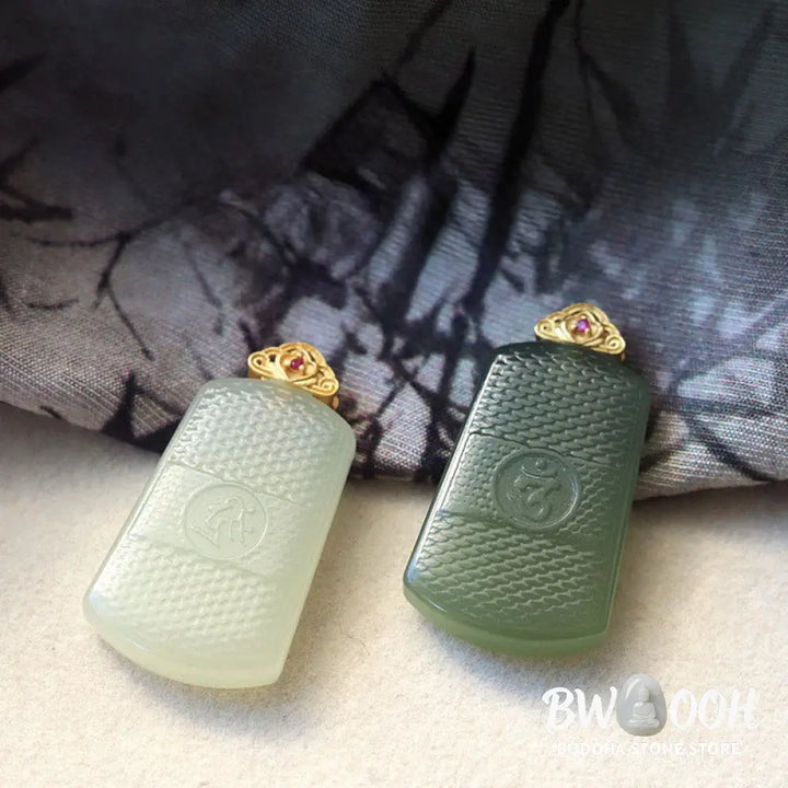 Buddha Stones Hetian Jade 925 Sterling Silver Om Symbol Prosperity Necklace Pendant - BWOOOH - Necklaces &amp; Pendants