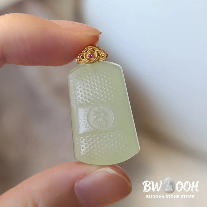 Buddha Stones Hetian Jade 925 Sterling Silver Om Symbol Prosperity Necklace Pendant - BWOOOH - Necklaces &amp; Pendants