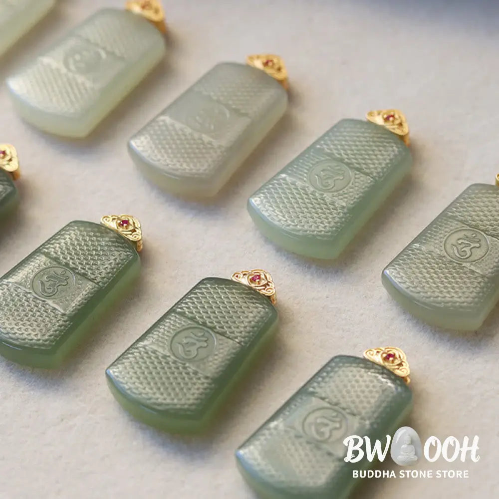 Buddha Stones Hetian Jade 925 Sterling Silver Om Symbol Prosperity Necklace Pendant - BWOOOH - Necklaces &amp; Pendants