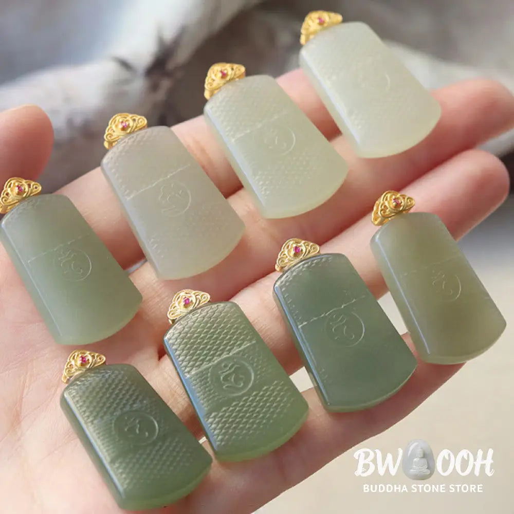 Buddha Stones Hetian Jade 925 Sterling Silver Om Symbol Prosperity Necklace Pendant - BWOOOH - Necklaces &amp; Pendants