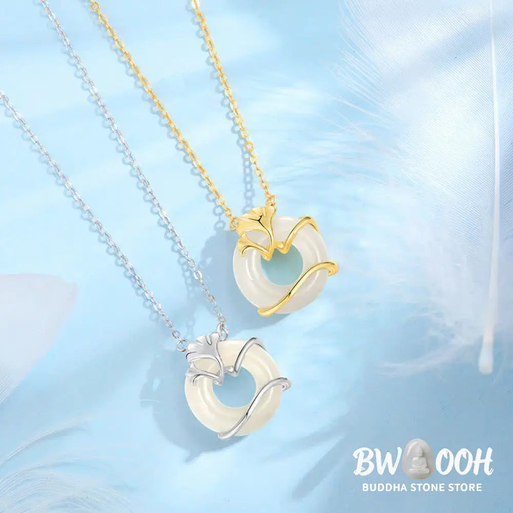 Buddha Stones Hetian Jade 925 Sterling Silver Peace Buckle Ginkgo Leaf Necklace Pendant - BWOOOH - Necklaces &amp; Pendants