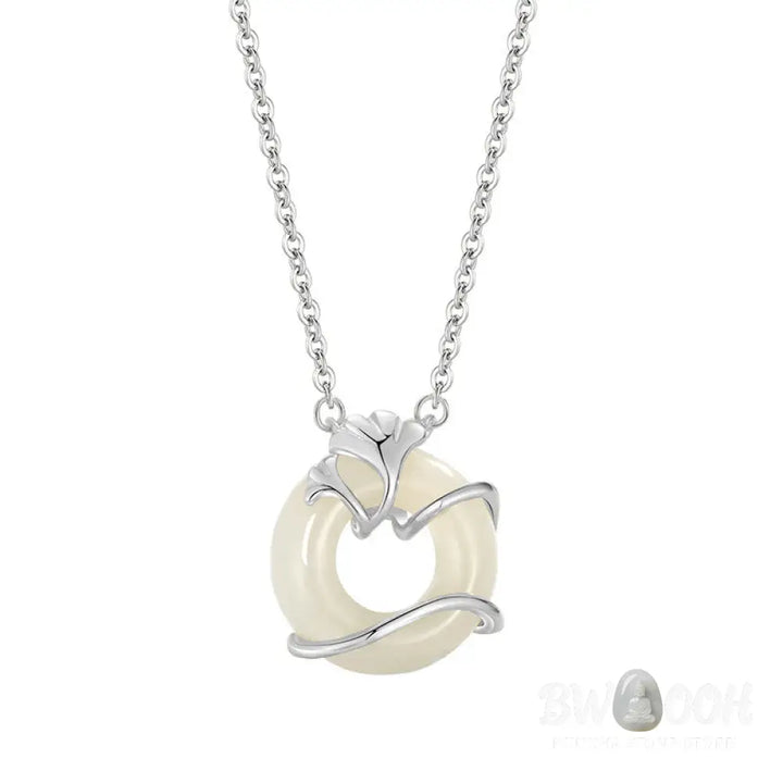 Buddha Stones Hetian Jade 925 Sterling Silver Peace Buckle Ginkgo Leaf Necklace Pendant - BWOOOH - Necklaces &amp; Pendants