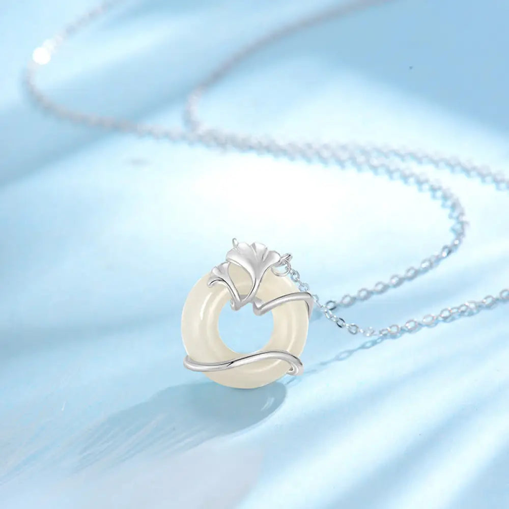Buddha Stones Hetian Jade 925 Sterling Silver Peace Buckle Ginkgo Leaf Necklace Pendant - BWOOOH - 925 Sterling Silver