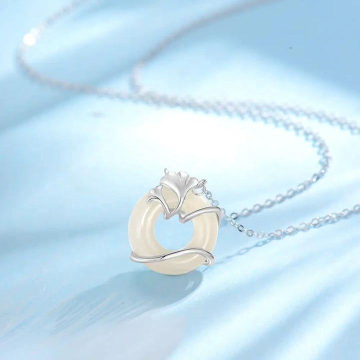 Buddha Stones Hetian Jade 925 Sterling Silver Peace Buckle Ginkgo Leaf Necklace Pendant - BWOOOH - 925 Sterling Silver