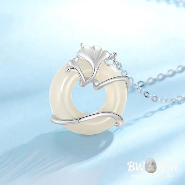 Buddha Stones Hetian Jade 925 Sterling Silver Peace Buckle Ginkgo Leaf Necklace Pendant - BWOOOH - Necklaces &amp; Pendants