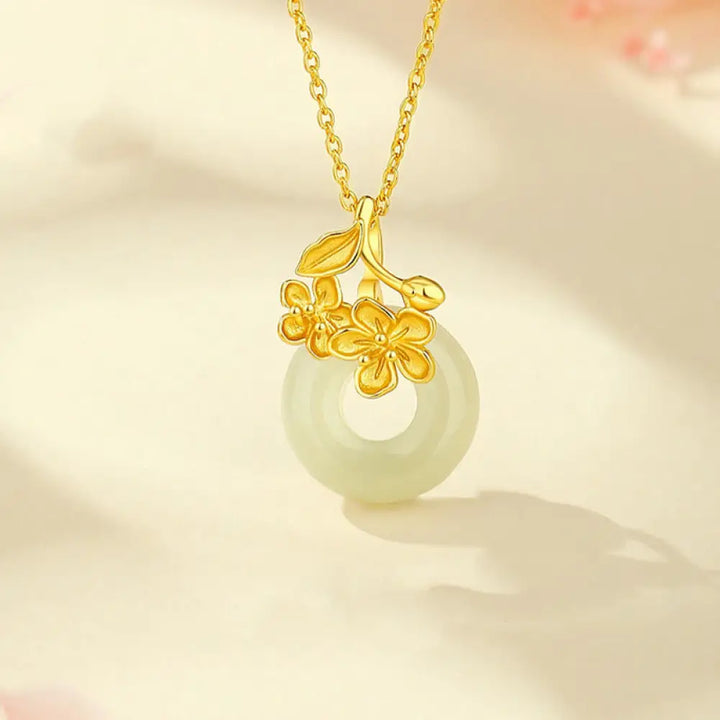 Buddha Stones Hetian Jade 999 Sterling Silver Peace Buckle Peach Blossom Necklace Pendant - BWOOOH - Golden Hetian Jade