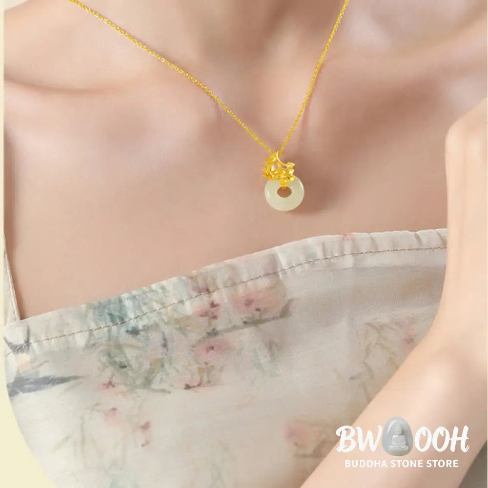 Buddha Stones Hetian Jade 999 Sterling Silver Peace Buckle Peach Blossom Necklace Pendant - BWOOOH - Necklaces &amp;