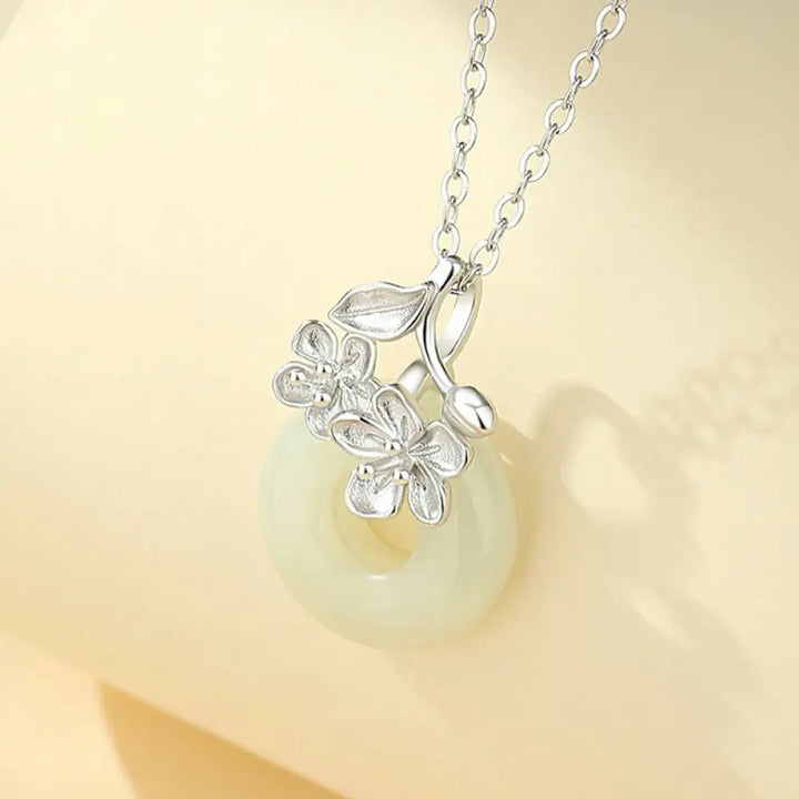 Buddha Stones Hetian Jade 999 Sterling Silver Peace Buckle Peach Blossom Necklace Pendant - BWOOOH - Silver Hetian Jade
