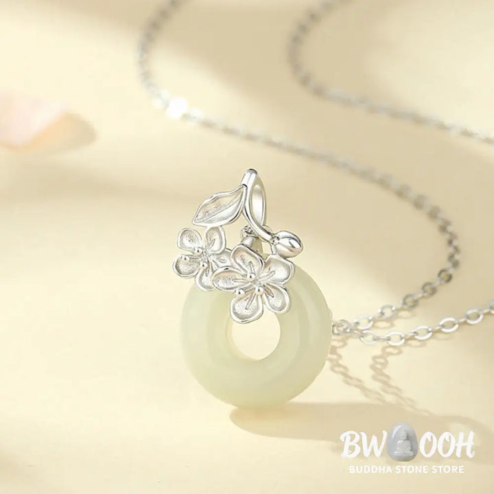 Buddha Stones Hetian Jade 999 Sterling Silver Peace Buckle Peach Blossom Necklace Pendant - BWOOOH - Necklaces &amp;