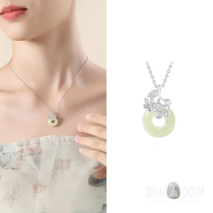 Buddha Stones Hetian Jade 999 Sterling Silver Peace Buckle Peach Blossom Necklace Pendant - BWOOOH - Necklaces &amp;