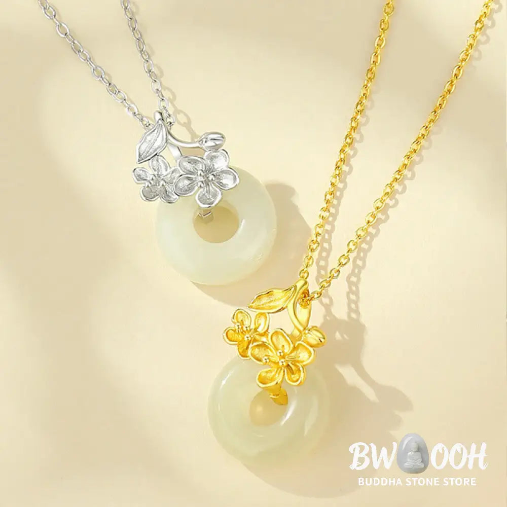 Buddha Stones Hetian Jade 999 Sterling Silver Peace Buckle Peach Blossom Necklace Pendant - BWOOOH - Necklaces &amp;