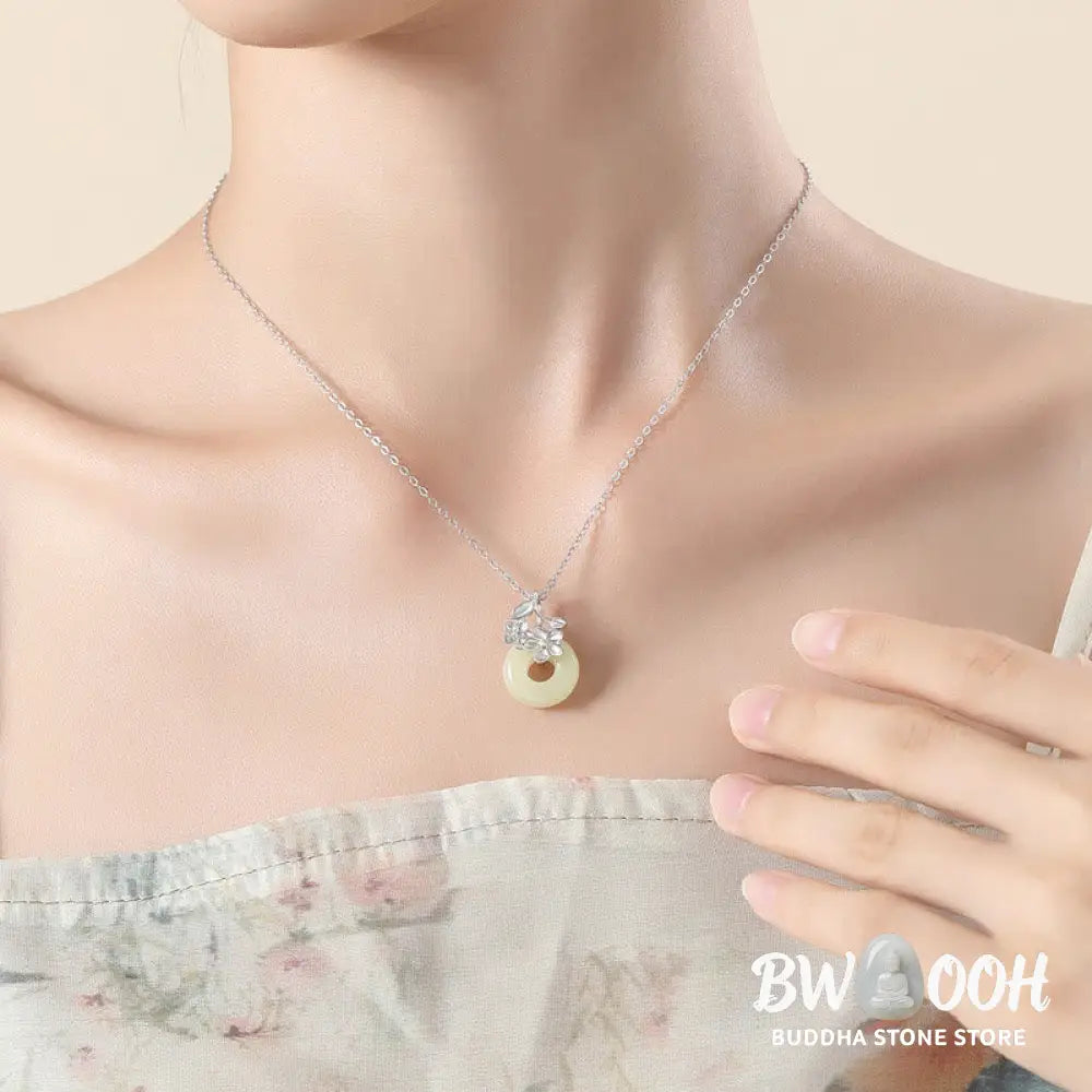 Buddha Stones Hetian Jade 999 Sterling Silver Peace Buckle Peach Blossom Necklace Pendant - BWOOOH - Necklaces &amp;