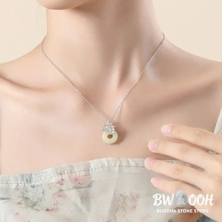 Buddha Stones Hetian Jade 999 Sterling Silver Peace Buckle Peach Blossom Necklace Pendant - BWOOOH - Necklaces &amp;
