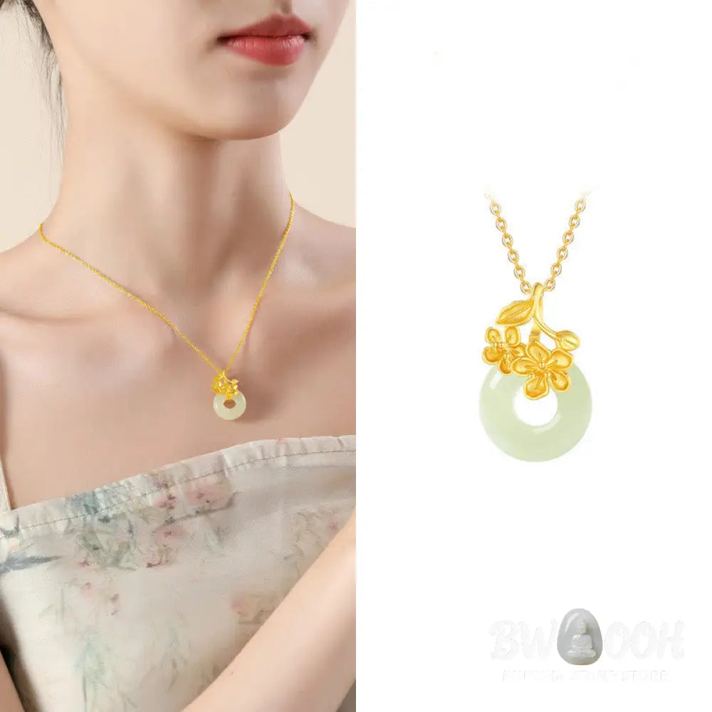 Buddha Stones Hetian Jade 999 Sterling Silver Peace Buckle Peach Blossom Necklace Pendant - BWOOOH - Necklaces &amp;