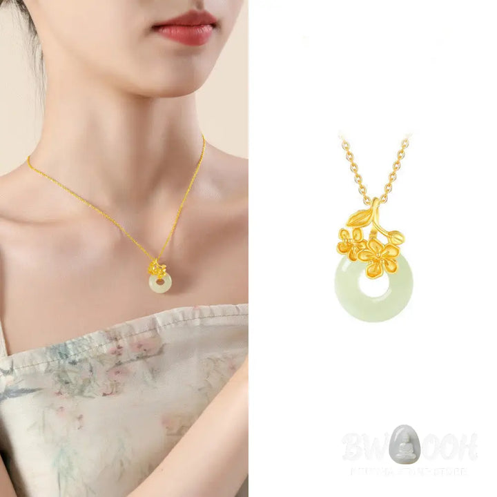 Buddha Stones Hetian Jade 999 Sterling Silver Peace Buckle Peach Blossom Necklace Pendant - BWOOOH - Necklaces &amp;