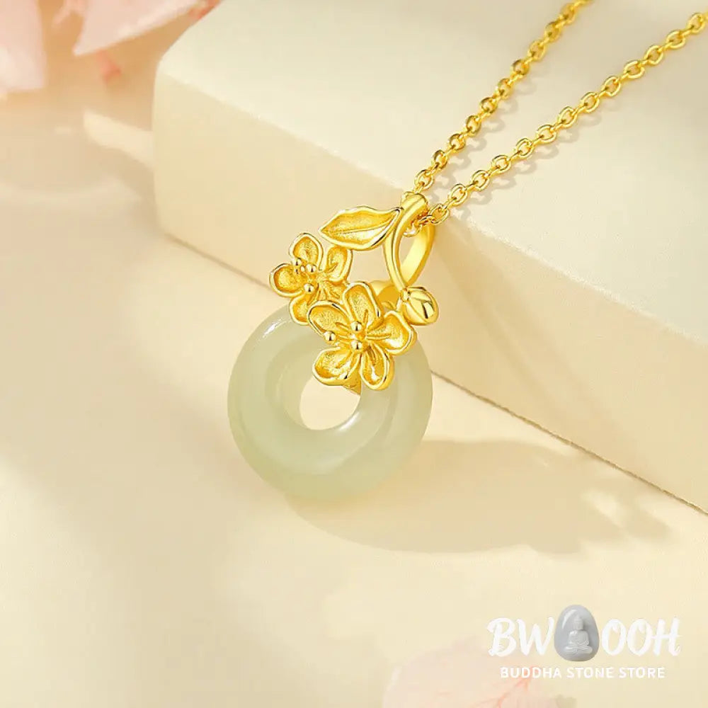 Buddha Stones Hetian Jade 999 Sterling Silver Peace Buckle Peach Blossom Necklace Pendant - BWOOOH - Necklaces &