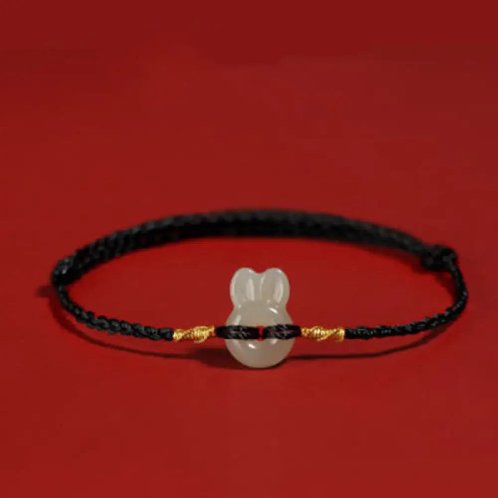 Buddha Stones Hetian Jade Cute Rabbit String Luck Bracelet - BWOOOH - Black Rope(Wrist Circumference 14-16cm) - Bracelet
