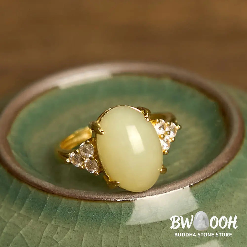 Buddha Stones Hetian Jade Egg Alloy Ring - Hetian Jade - Ring