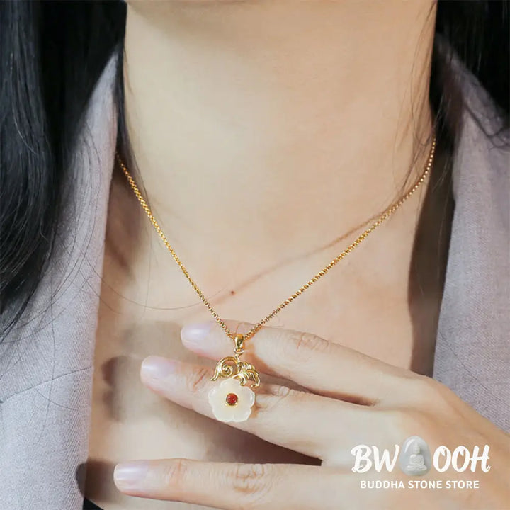 Buddha Stones Hetian Jade Flower 925 Sterling Silver Luck Necklace Pendant - BWOOOH - Hetian Jade 925 Sterling Silver
