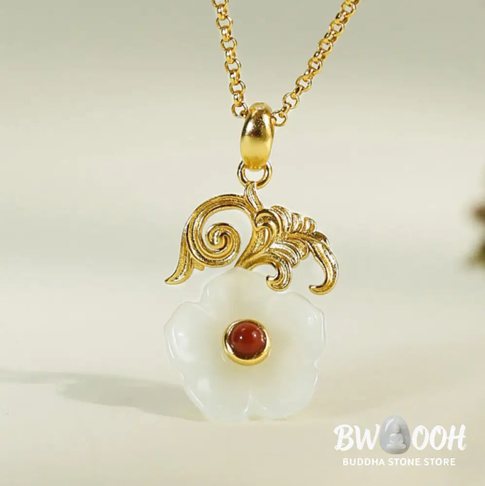 Buddha Stones Hetian Jade Flower 925 Sterling Silver Luck Necklace Pendant - BWOOOH - Hetian Jade 925 Sterling Silver