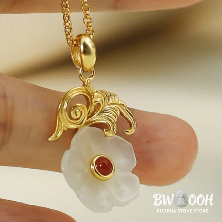 Buddha Stones Hetian Jade Flower 925 Sterling Silver Luck Necklace Pendant - BWOOOH - Hetian Jade 925 Sterling Silver