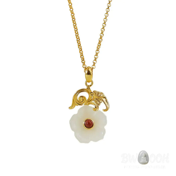 Buddha Stones Hetian Jade Flower 925 Sterling Silver Luck Necklace Pendant - BWOOOH - Hetian Jade 925 Sterling Silver