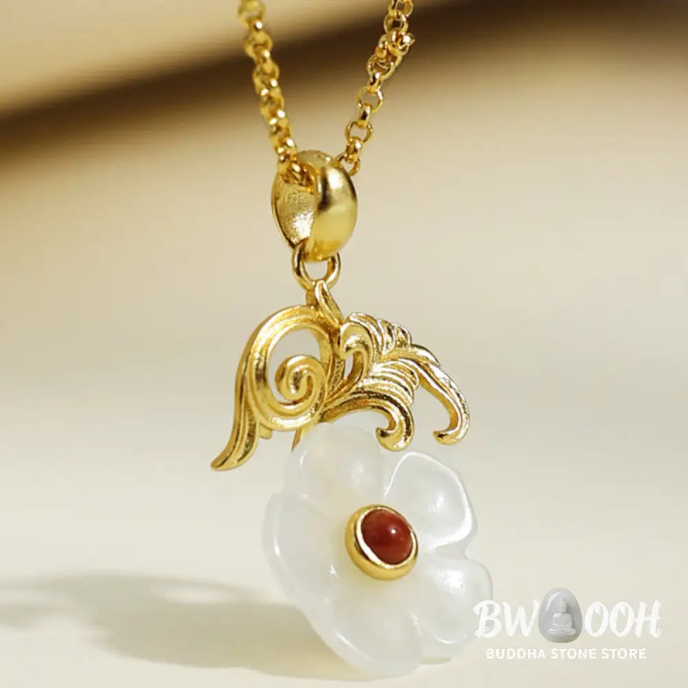 Buddha Stones Hetian Jade Flower 925 Sterling Silver Luck Necklace Pendant - BWOOOH - Hetian Jade 925 Sterling Silver