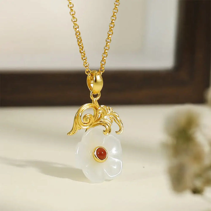 Buddha Stones Hetian Jade Flower 925 Sterling Silver Luck Necklace Pendant - BWOOOH - Hetian Jade 925 Sterling Silver