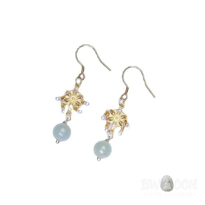 Buddha Stones Hetian Jade Flower Pattern 14K Gold Plated Luck Drop Dangle Earrings - Hetian Jade(Prosperity♥Abundance)