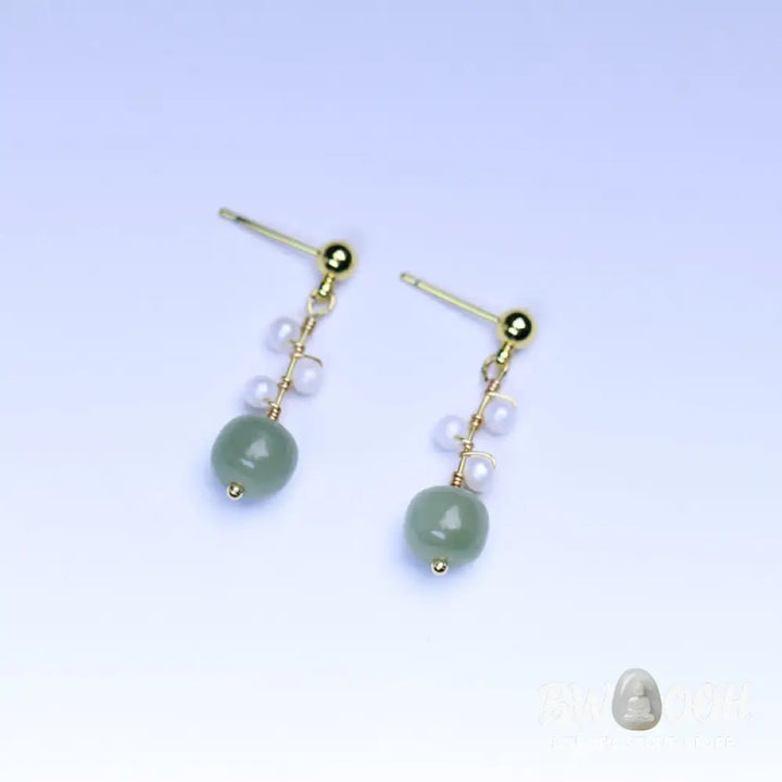 Buddha Stones Hetian Jade Flower Pattern 14K Gold Plated Luck Drop Dangle Earrings - Hetian Jade(Prosperity♥Abundance)