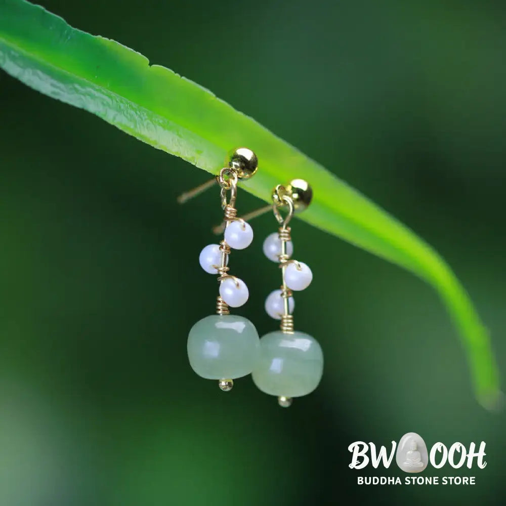 Buddha Stones Hetian Jade Flower Pattern 14K Gold Plated Luck Drop Dangle Earrings - Hetian Jade(Prosperity♥Abundance)