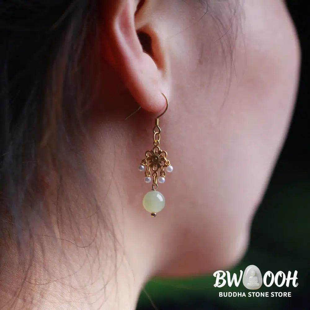 Buddha Stones Hetian Jade Flower Pattern 14K Gold Plated Luck Drop Dangle Earrings - Hetian Jade(Prosperity♥Abundance)