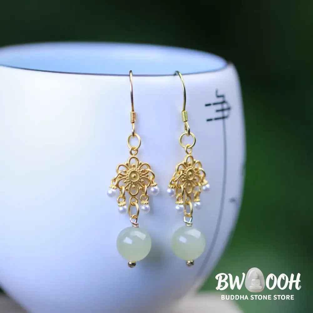Buddha Stones Hetian Jade Flower Pattern 14K Gold Plated Luck Drop Dangle Earrings - Hetian Jade(Prosperity♥Abundance)
