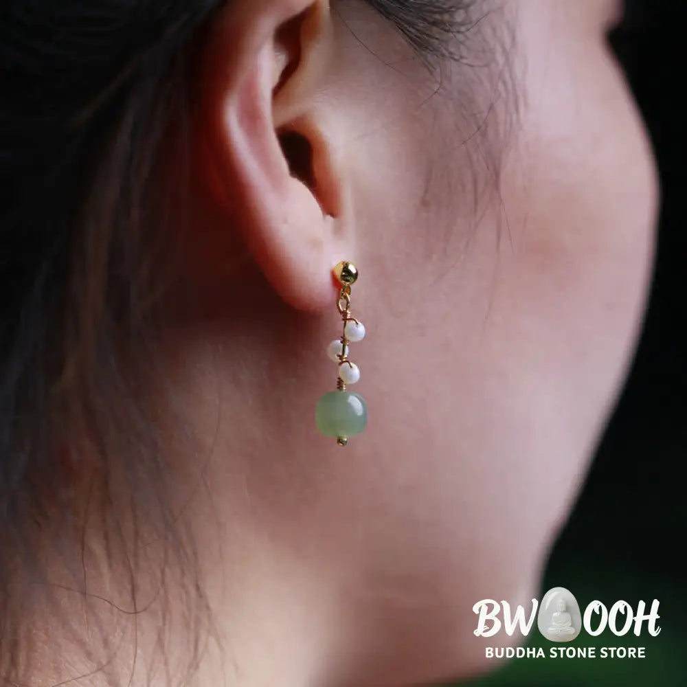 Buddha Stones Hetian Jade Flower Pattern 14K Gold Plated Luck Drop Dangle Earrings - Hetian Jade(Prosperity♥Abundance)