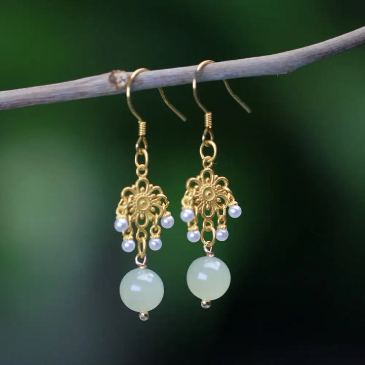 BWOOOH Hetian Jade Flower Pattern 14K Gold Plated Luck Drop Dangle Earrings — Jade jade bracelet for spiritual healing and...