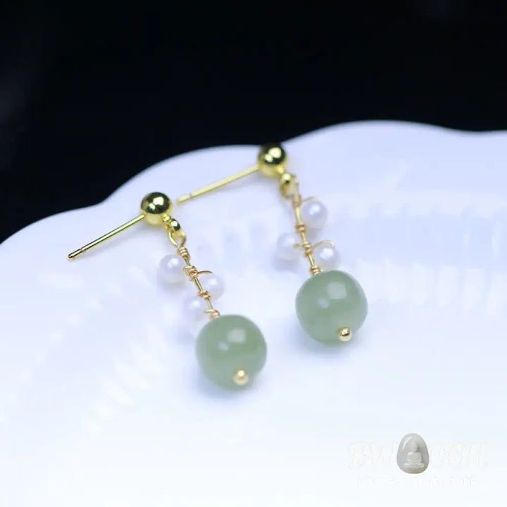 Buddha Stones Hetian Jade Flower Pattern 14K Gold Plated Luck Drop Dangle Earrings - Hetian Jade(Prosperity♥Abundance)