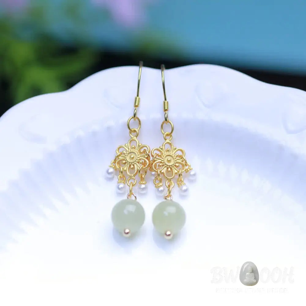Buddha Stones Hetian Jade Flower Pattern 14K Gold Plated Luck Drop Dangle Earrings - Hetian Jade(Prosperity♥Abundance)